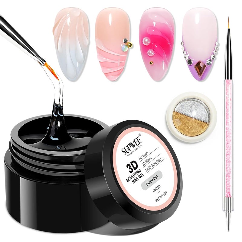 SUPWEE 3D Gel Nail Art with No Wipe Chrome Powder Sculpting Painting Gel for Nail Charms Rhinestone Decoration Adhesive with Nails Art Brushes DIY Manicure at Home - Image 1